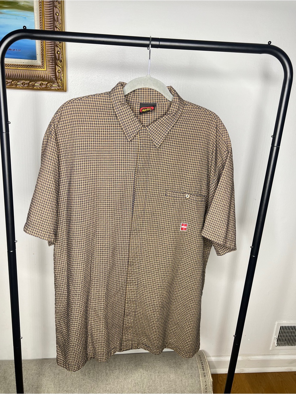 split Brown Check Short-Sleeve Button-Down Shirt